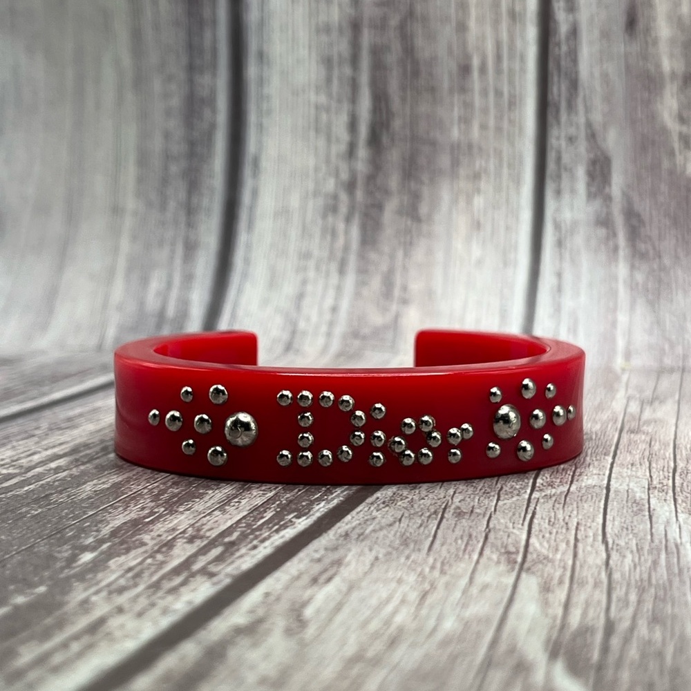 DIOR VTG 90s Lucite Studded Logo Cuff Bracelet Red Resin RARE Vintage Galliano - Picture 11 of 12
